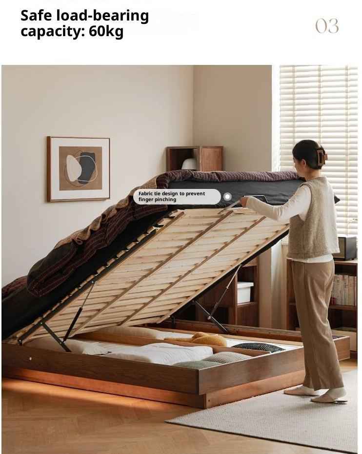 Oak Solid Wood Floating Platform Box Bed, Headboard-Free Bed with Light Modern Minimalist