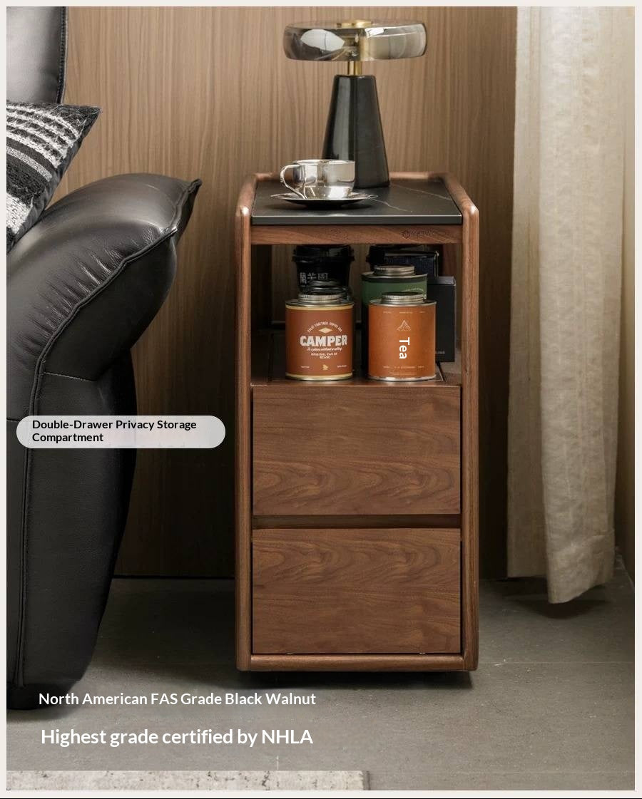 Black Walnut, Sandalwood, Oak, Ash Rolling Side Table with Stone Top and Open Storage Shelves
