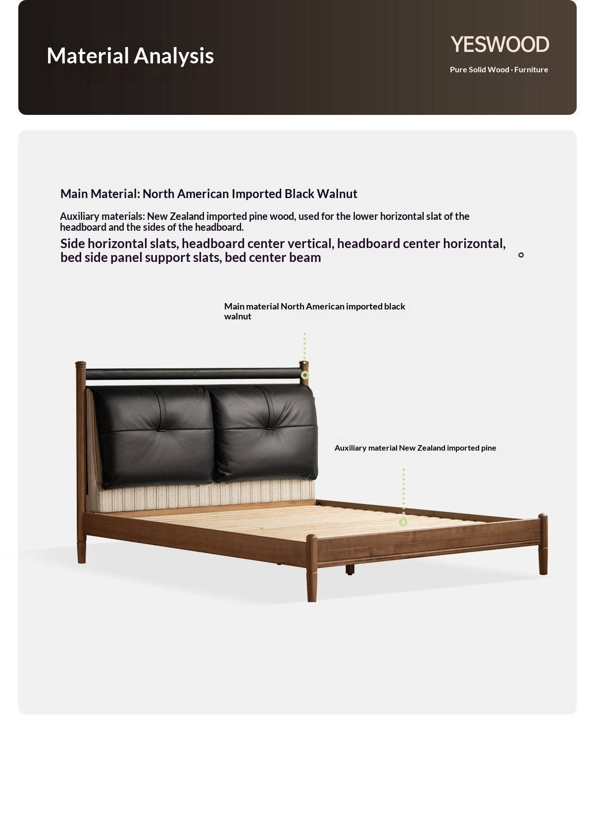 Black Walnut Solid Wood Bed with Plush Genuine Leather Cushioned Headboard