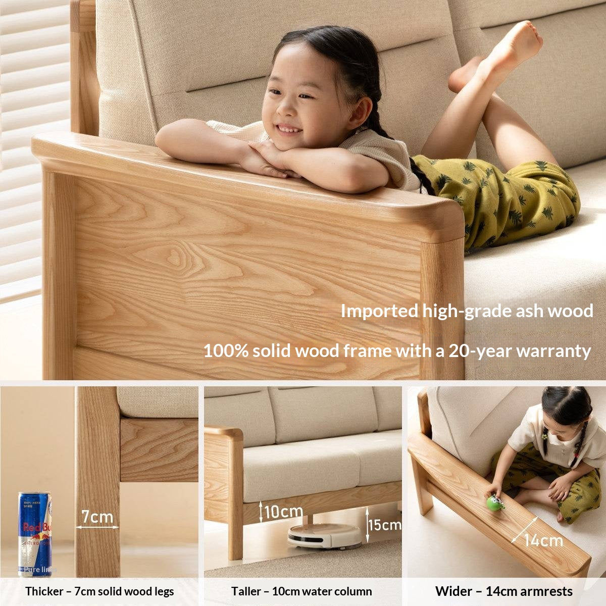 Ash Solid Wood Exposed Wood Frame Sofa with Slat Back Panel