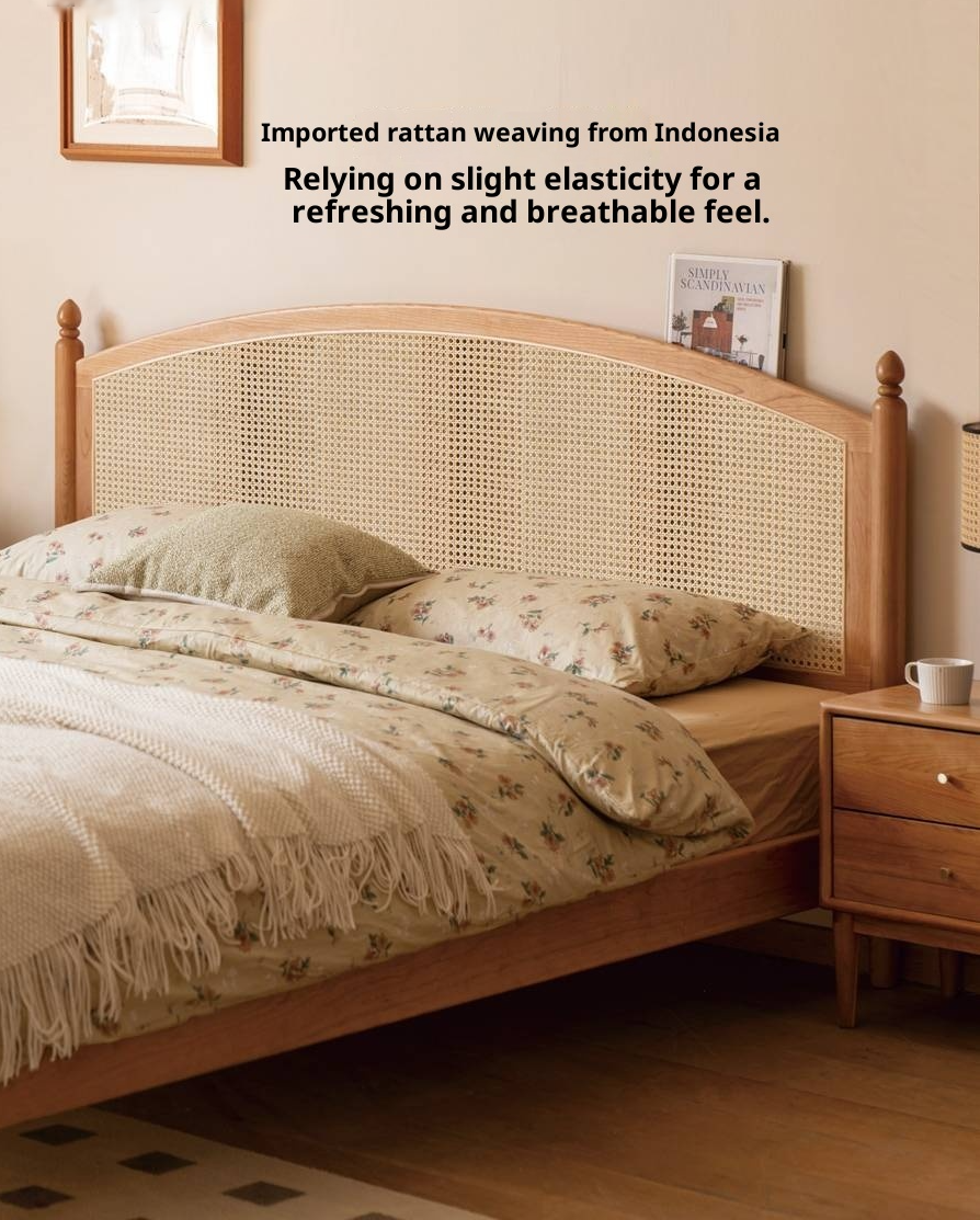 Cherry Solid Wood Rattan Bed Retro