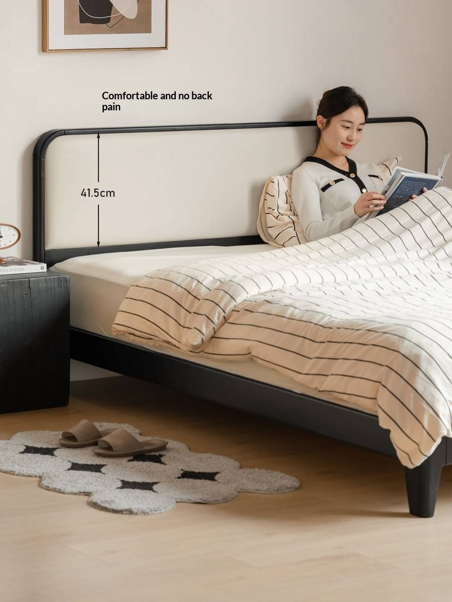 Rubberwood Solid Wood Bed — Modern Minimalist Design with Black Soft Headboard