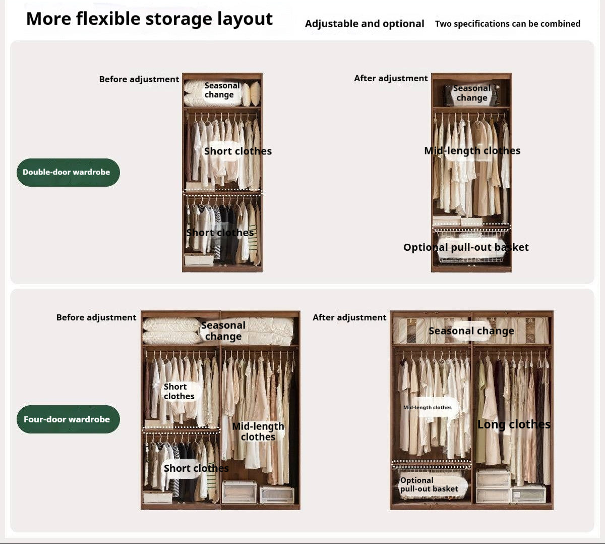 Oak Solid Wood Wardrobe with Italian Light Luxury Style and Double Doors