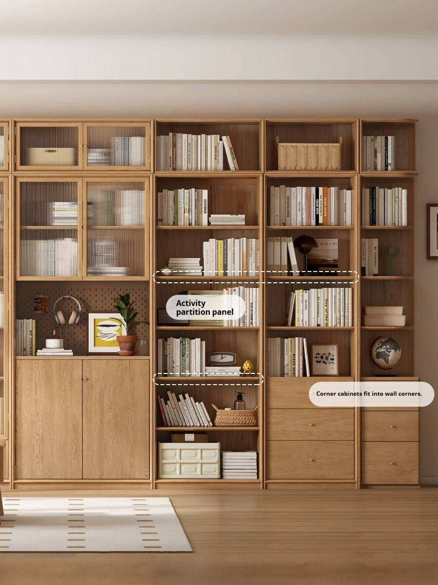 Oak Solid Wood Nordic Style Bookshelf with Floor Storage Cabinet
