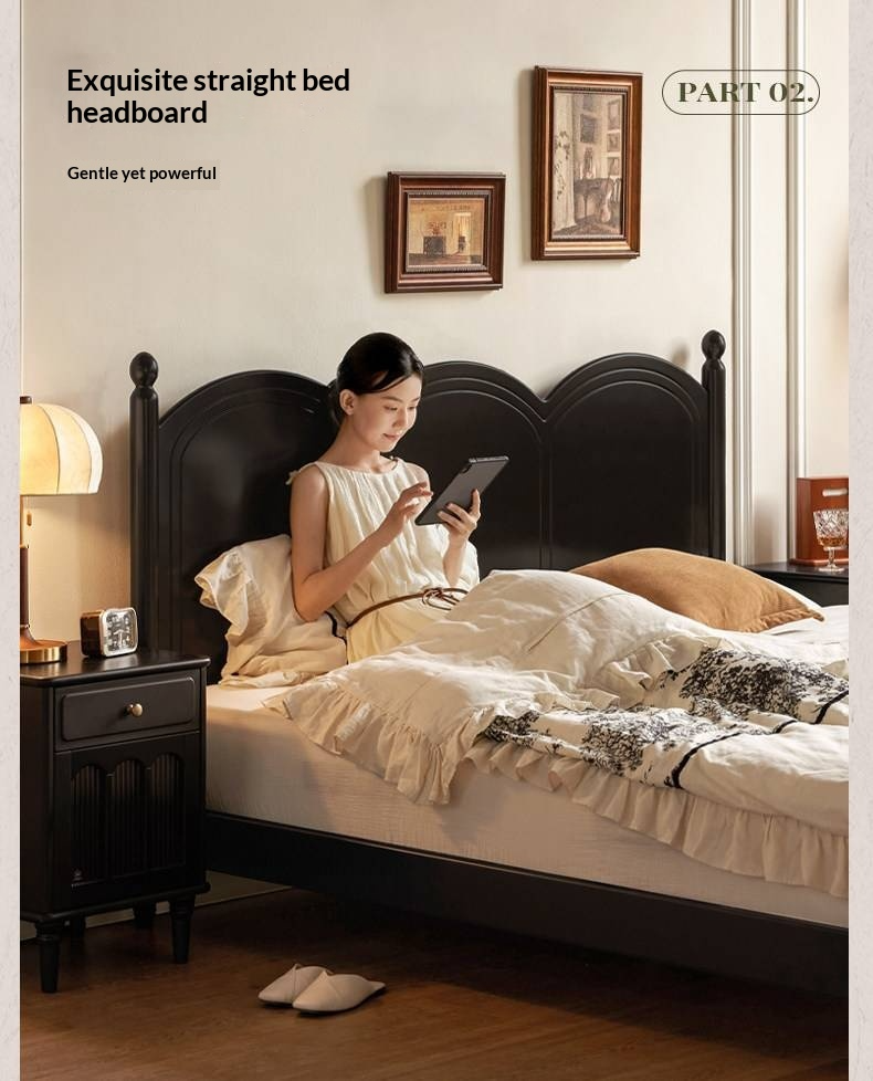 Rubberwood Solid Wood Bed — French Vintage Style, Large Slab Bed