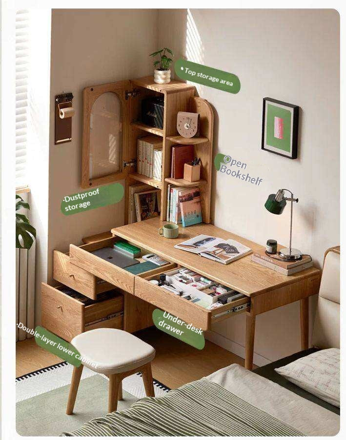 Oak Solid Wood Corner Office Desk with Integrated Bookshelf