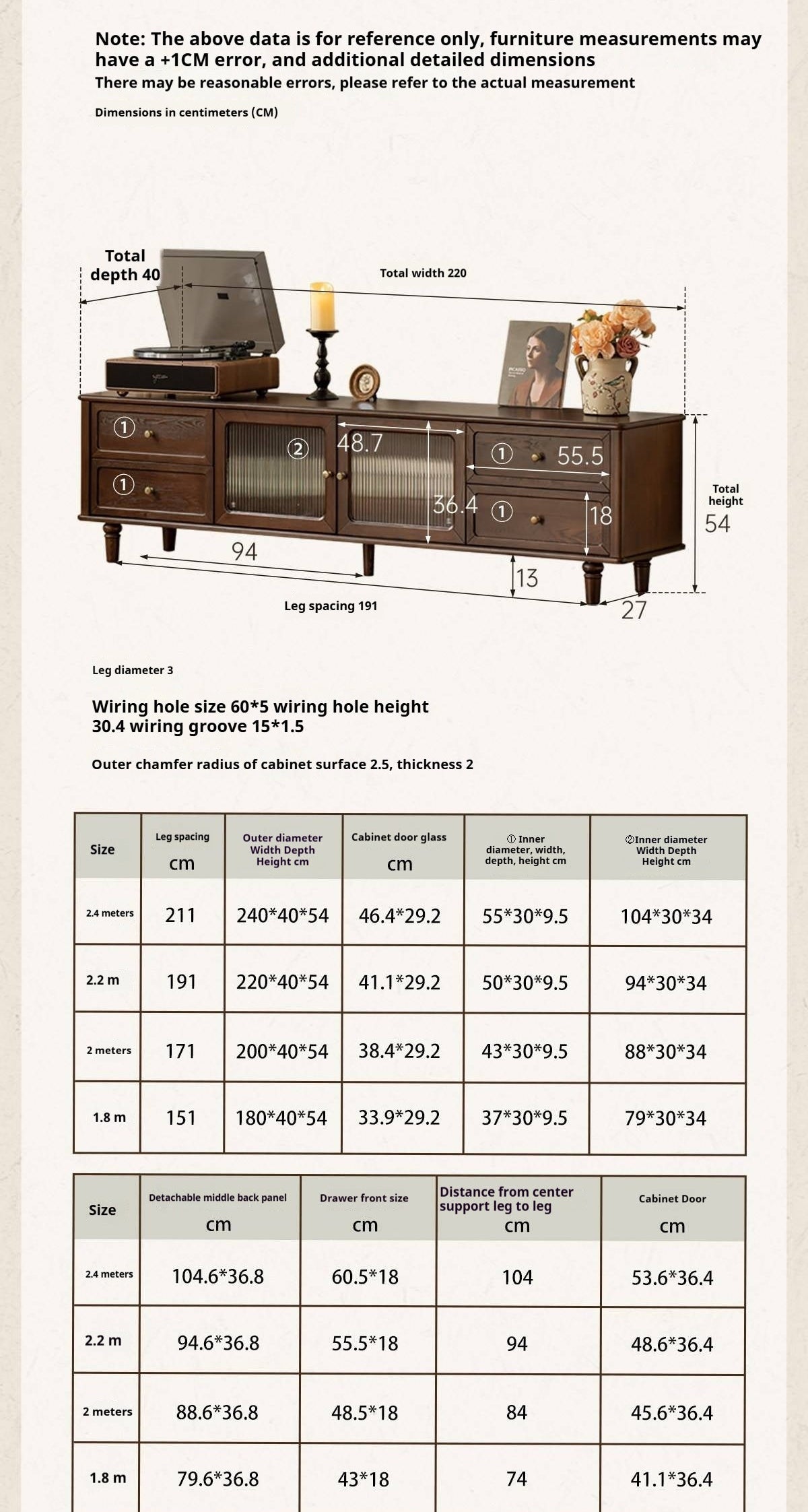 Ash Solid Wood Vintage TV Console with Fluted Glass Doors