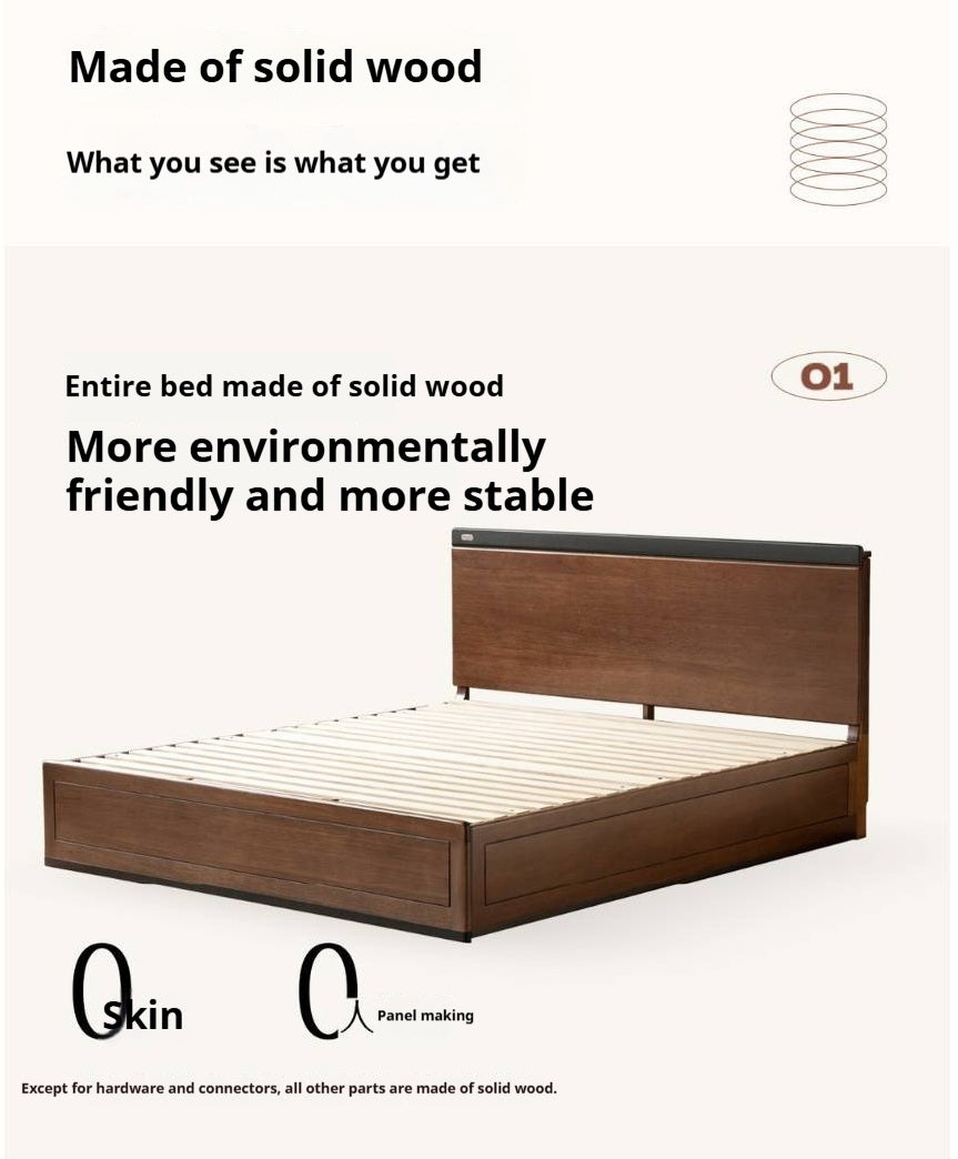 Golden Rosewood Solid Wood Bauhaus Storage Bed with Full Lift-Up Storage Box and Color-Block Headboard