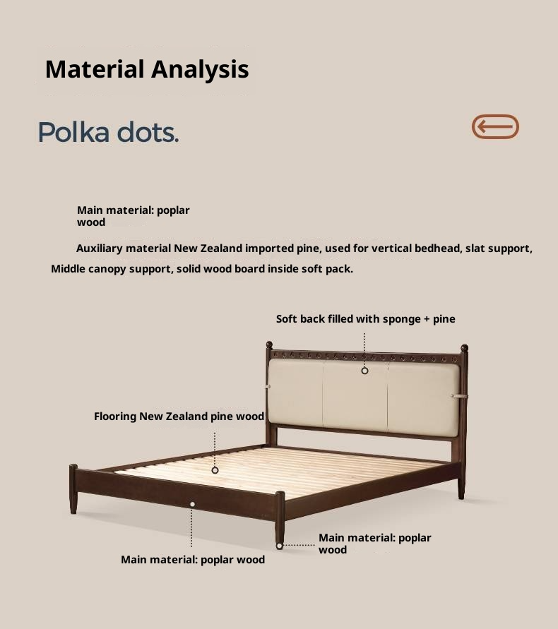 Poplar Solid Wood Genuine Leather Soft Backrest Bed Retro Vintage