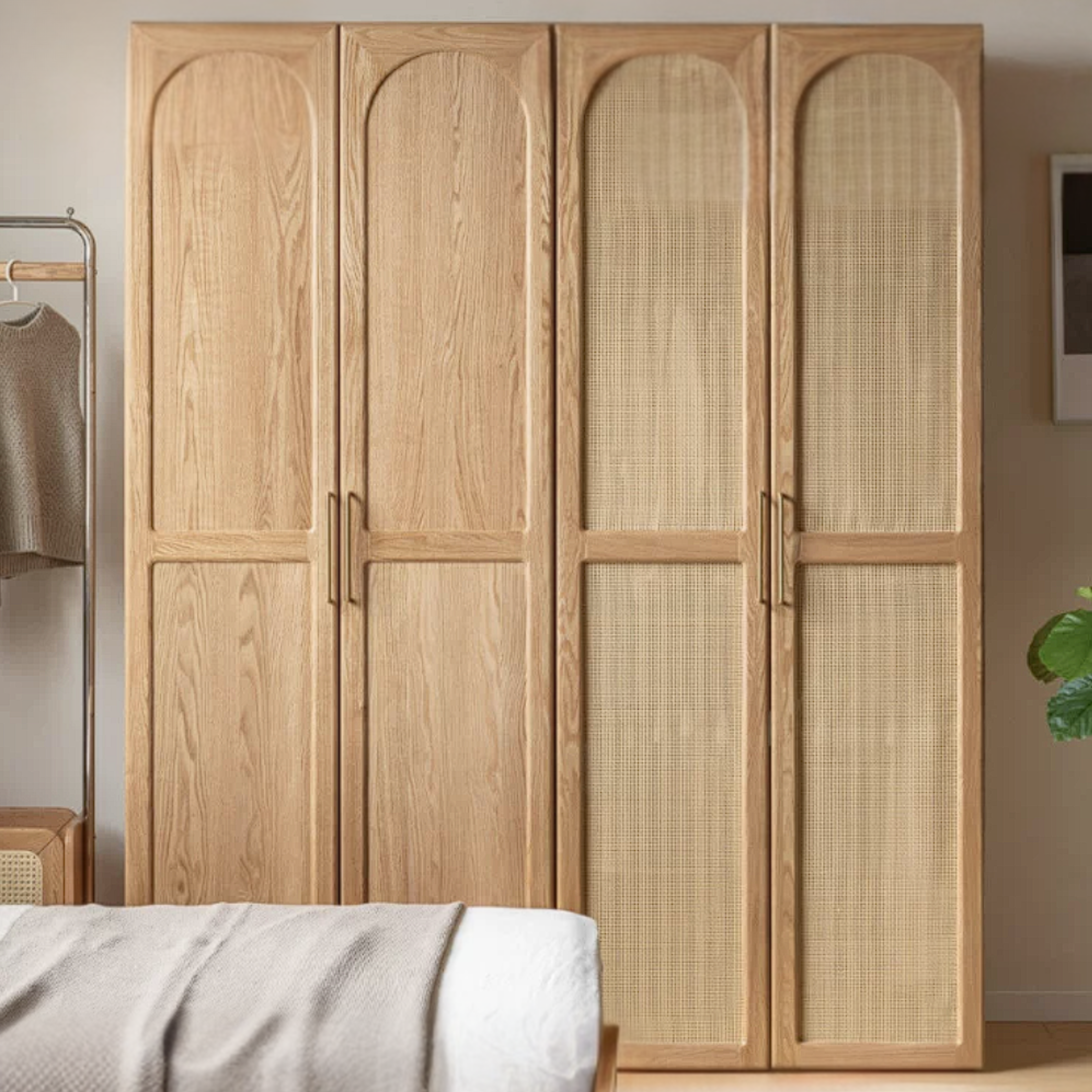 Oak Solid Wood Rattan Door Floor Wardrobe