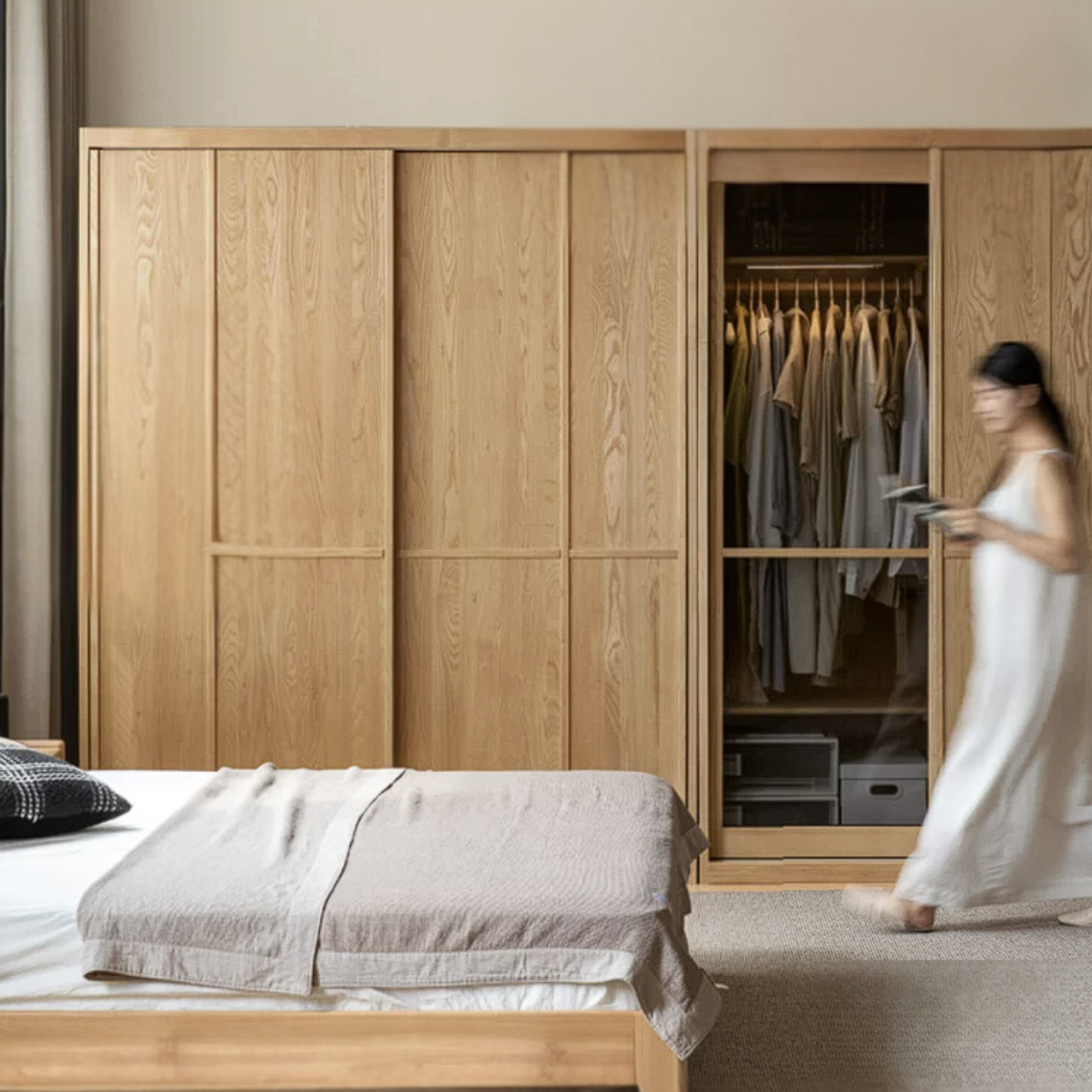 Ash Solid Wood Modern Wardrobe With Sliding Doors