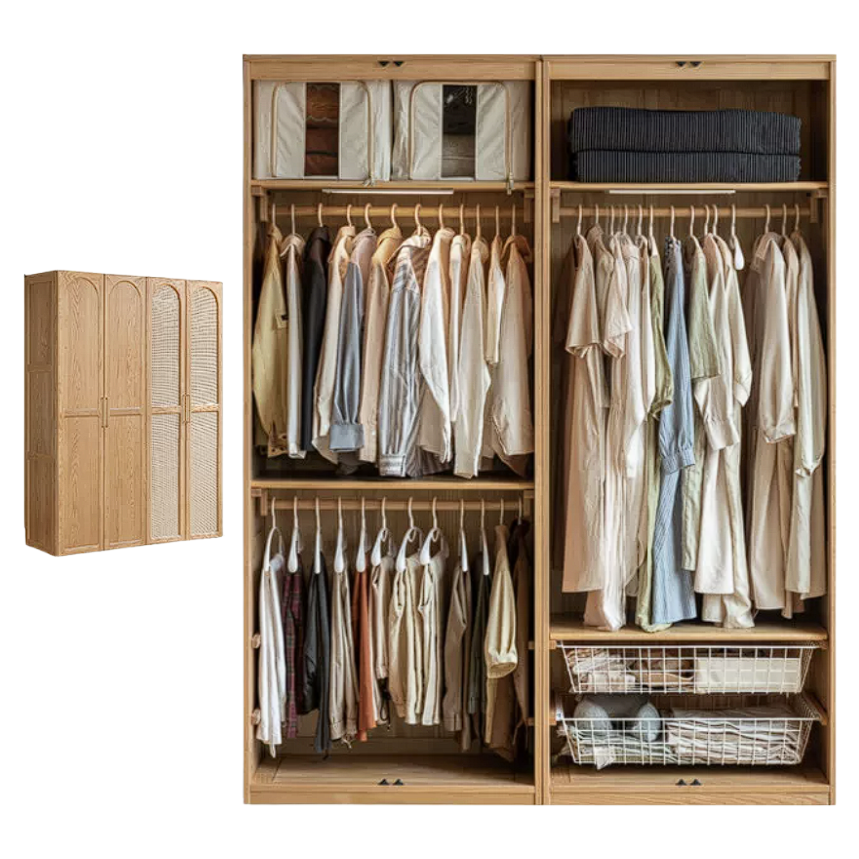 Oak Solid Wood French-Inspired Armoire, Vintage Wardrobe Storage Cabinet