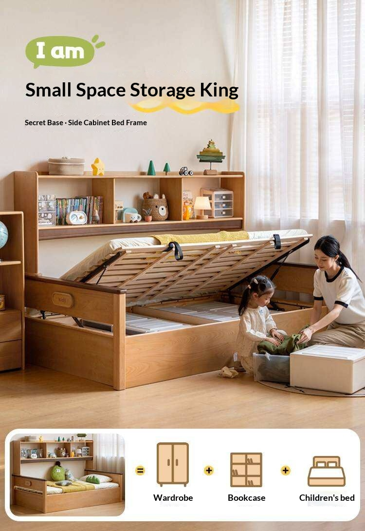 Beech Solid Wood Kids Storage Bed with Bookcase Headboard and Gas Lift Base