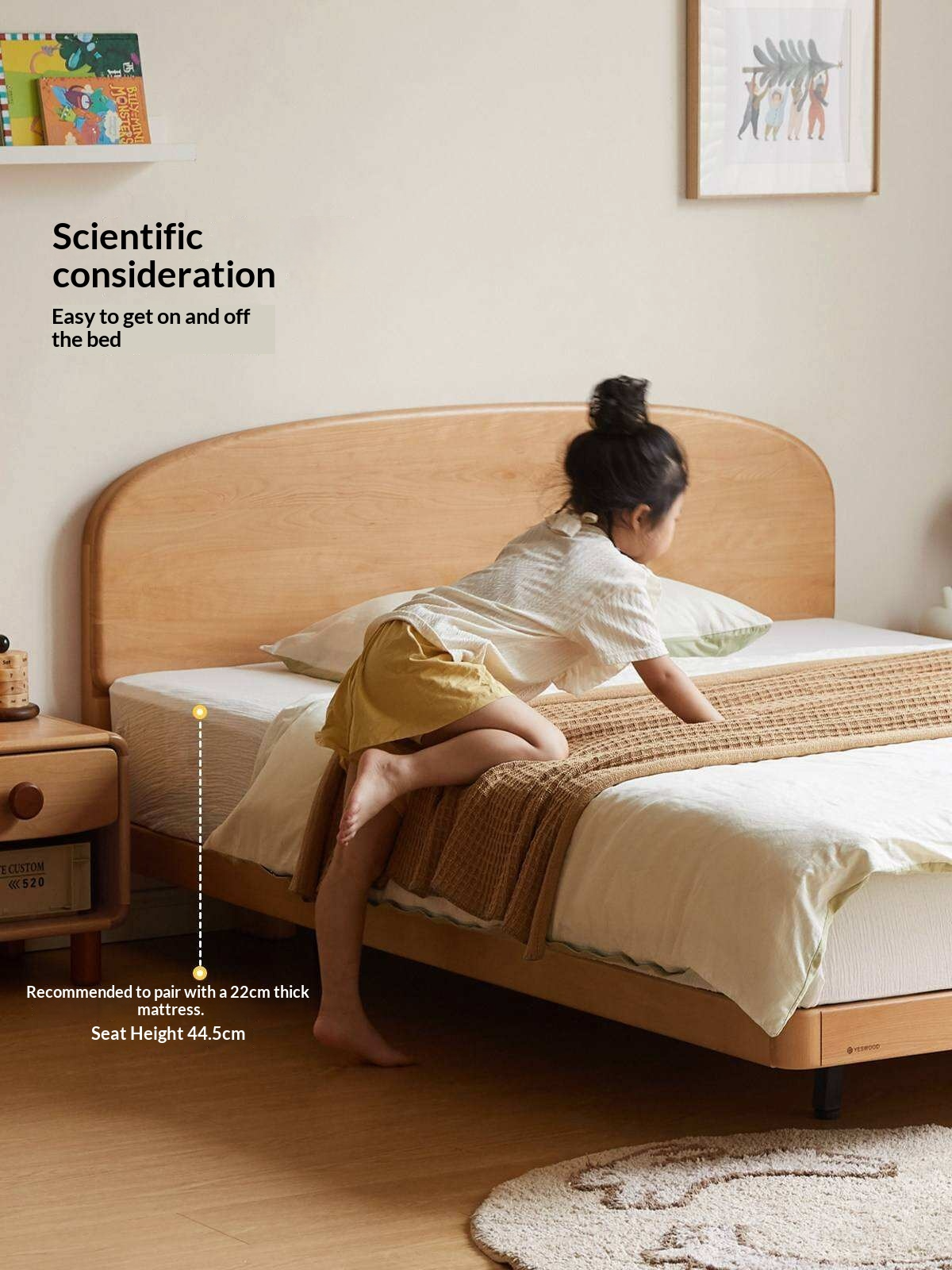 Beech Solid Wood Kids Platform Bed with Rounded Headboard