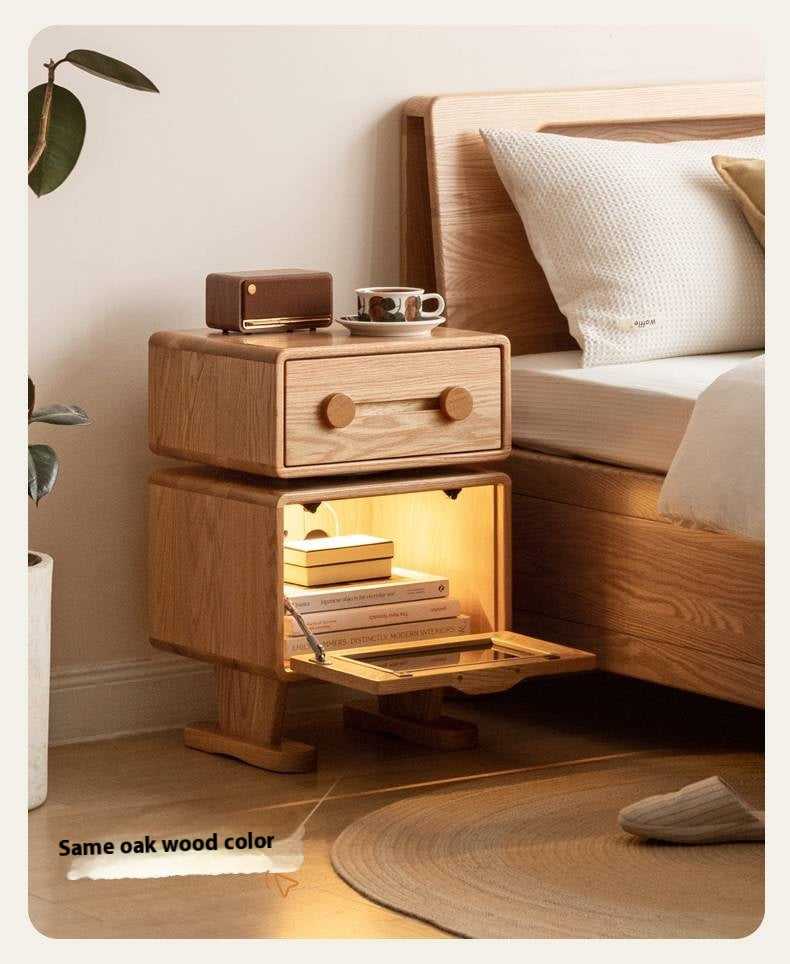 Solid Rubberwood, Oak Solid Wood Cream Style Nightstand.