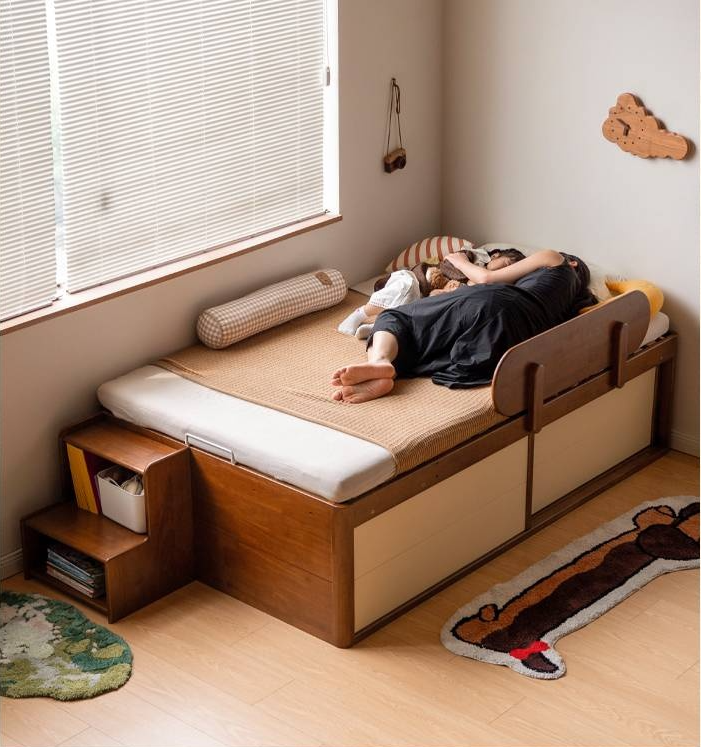 Rubberwood Solid Wood Kids’ Platform Bed and Hidden Storage