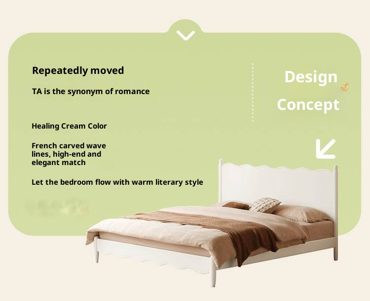 Rubberwood Solid Wood Bed, French Cream Style