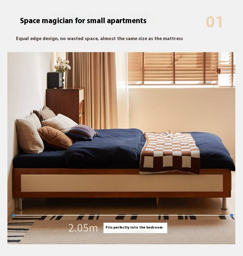 Poplar Solid Wood Bauhaus Style Platform Bed, Headboard-Free Bed
