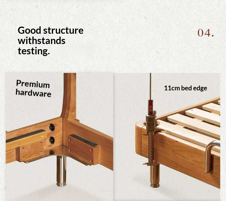 Cherry Solid Wood Bed with Modern Minimalist Design and Genuine Leather Headboard