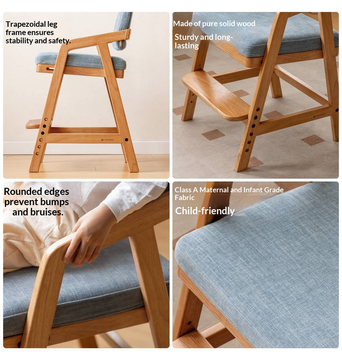 Solid Rubberwood Nordic Style Kids Chair with Adjustable Armrest