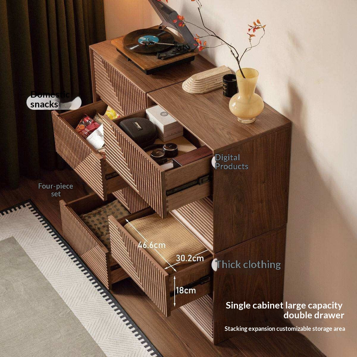 Black Walnut Solid Wood Modular Storage Cabinet, Mid Century Dresser with Geometric Front Design