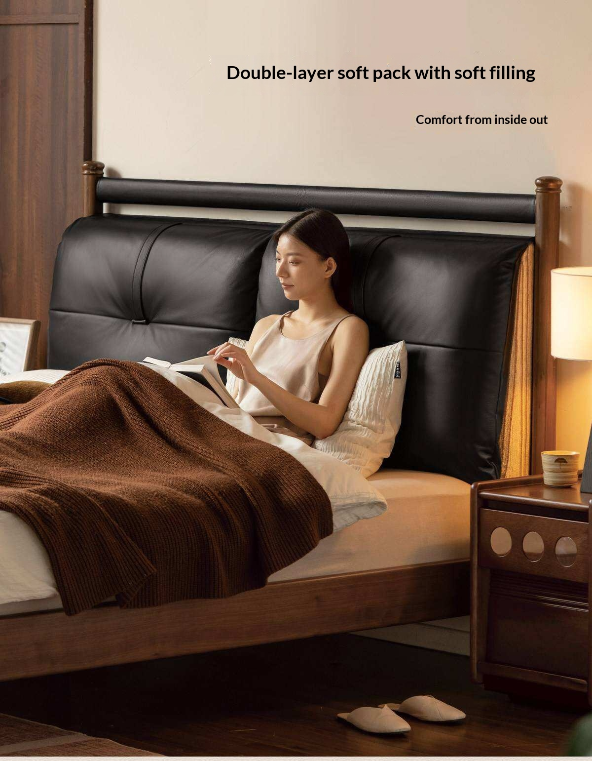 Black Walnut Solid Wood Bed with Plush Genuine Leather Cushioned Headboard