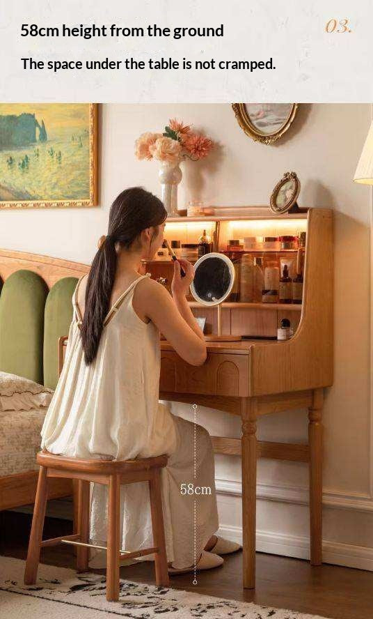 Cherry Solid Wood French Retro Vanity Table with Light