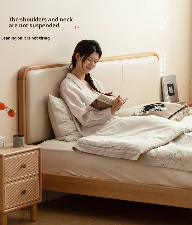 Beech Solid Wood Genuine Leather Soft Headboard Bed