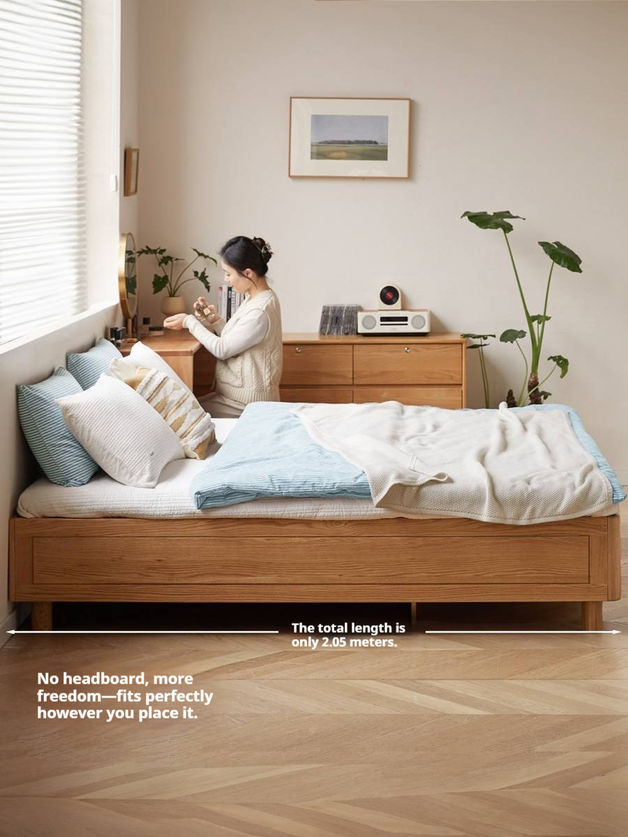 Oak Solid Wood Platform Box Bed, Headboard-Free Box Bed