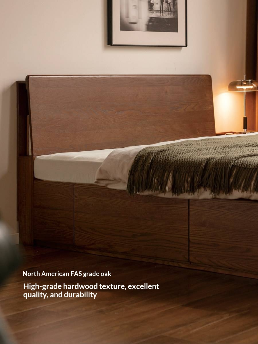 Oak, Rubberwood Solid Wood, Multifunctional Storage Box Bed