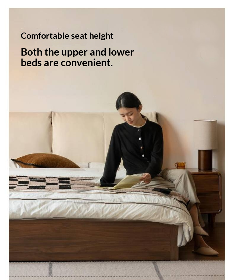 Black Walnut Solid Wood Box Bed — Luxury Genuine Leather Bed with Soft Backrest