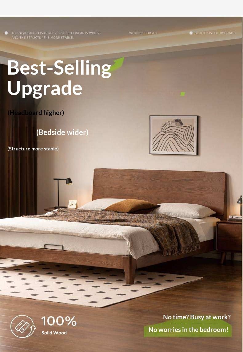 Oak Solid Wood Bed Platform Bed with Rectangular Panel Headboard and Tapered Legs