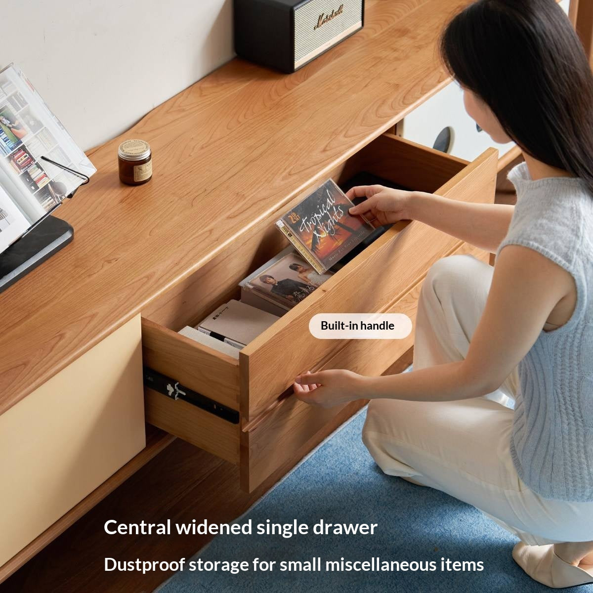 Cherry Solid Wood Bauhaus TV Stand with Color-Block Storage