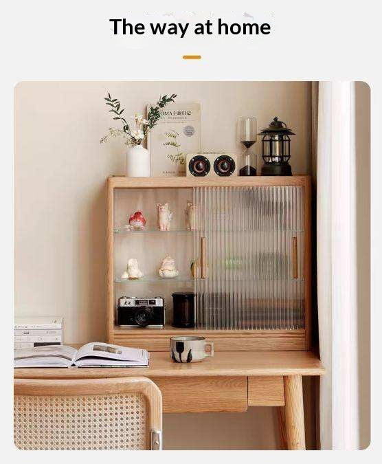 Oak, Cherry Solid Wood Desktop Locker Storage Cabinet Glass Sliding Door