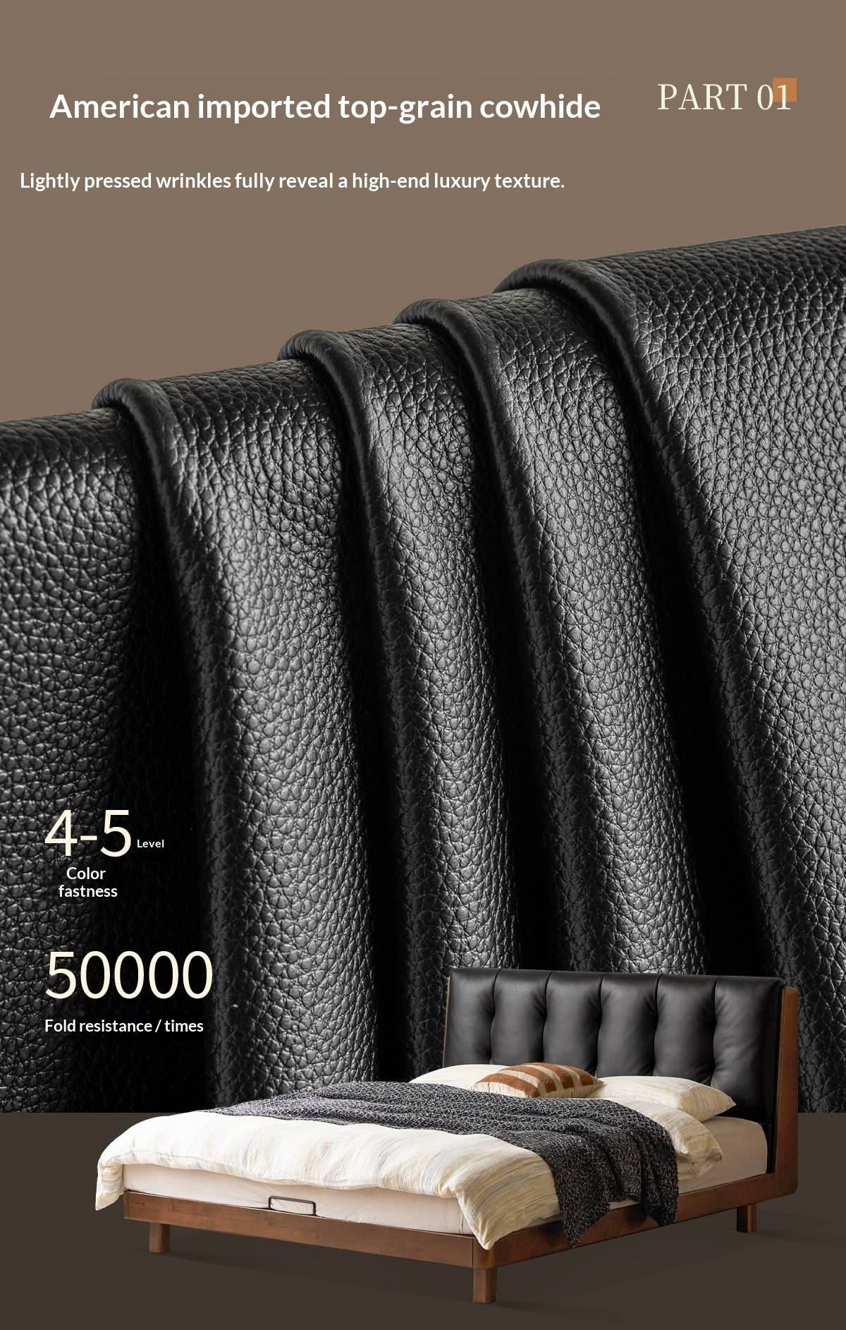 Rubberwood Solid Wood Italian Style Bed with Leather Headboard and Soft Goose Down Cushion