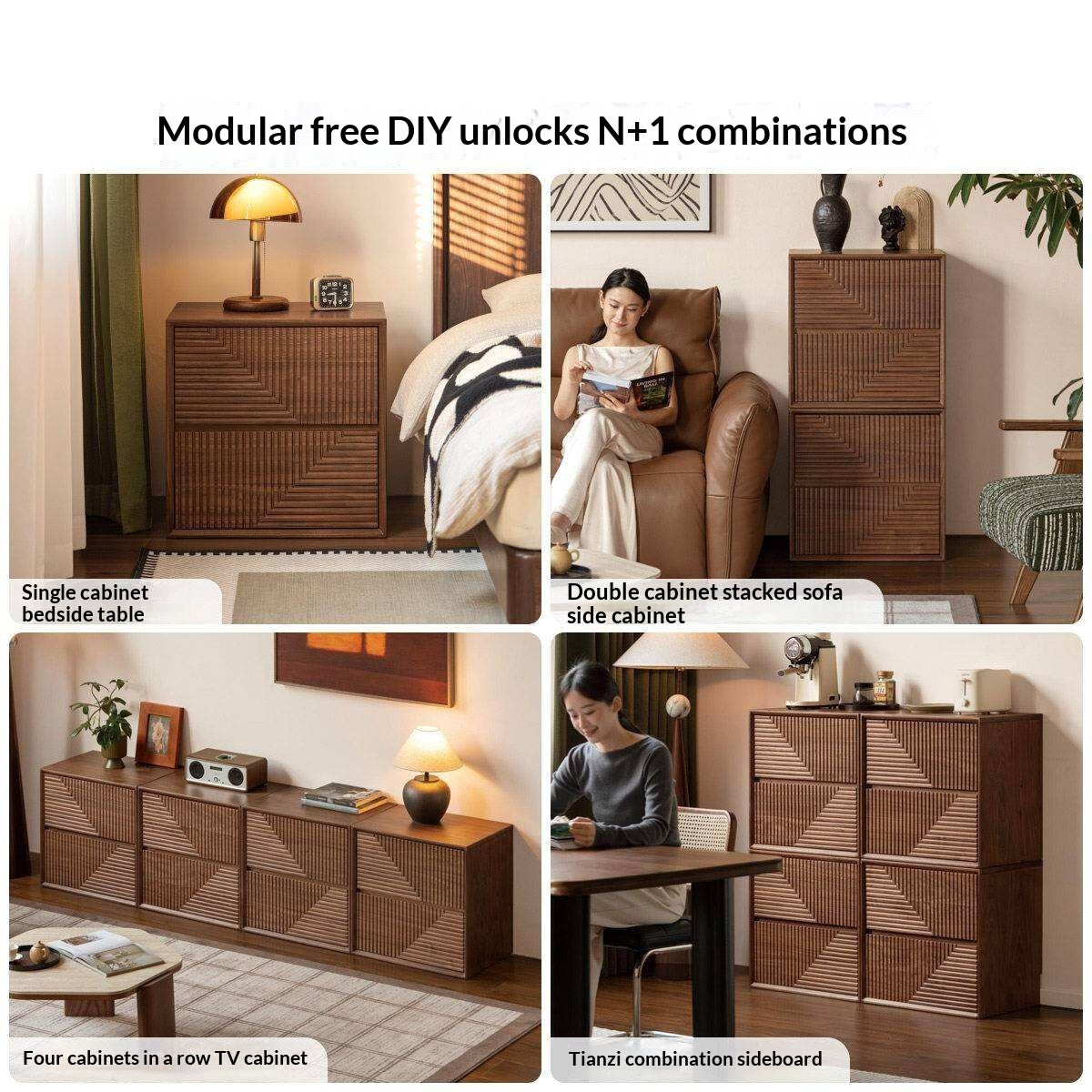 Black Walnut Solid Wood Modular Storage Cabinet, Mid Century Dresser with Geometric Front Design