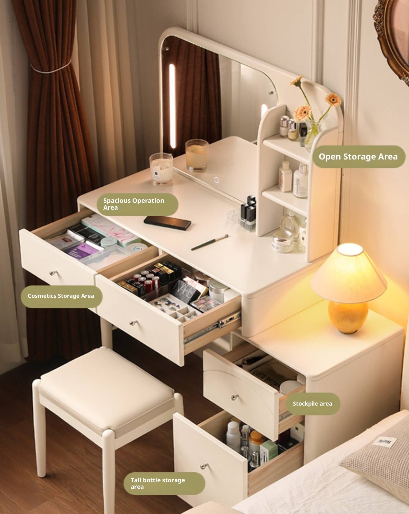 Solid Rubberwood Telescopic Multifunctional Dressing Table