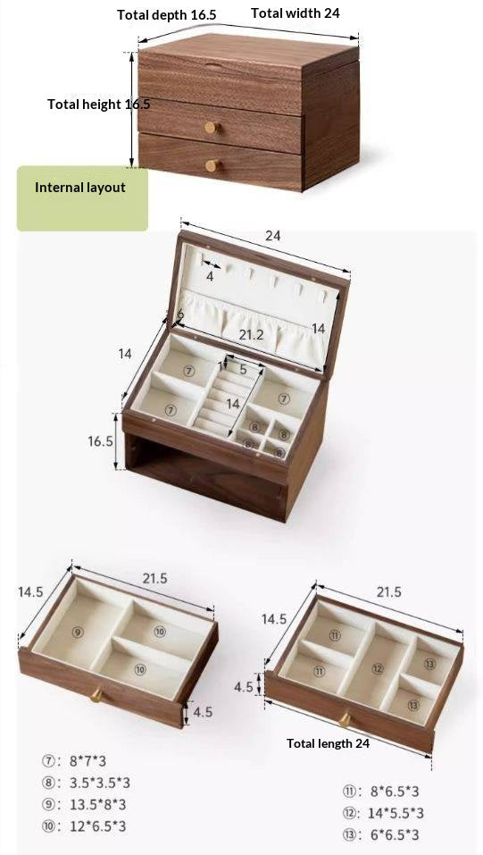 Black Walnut Solid Wood Jewelry Box with Large Capacity for Earrings and Necklaces