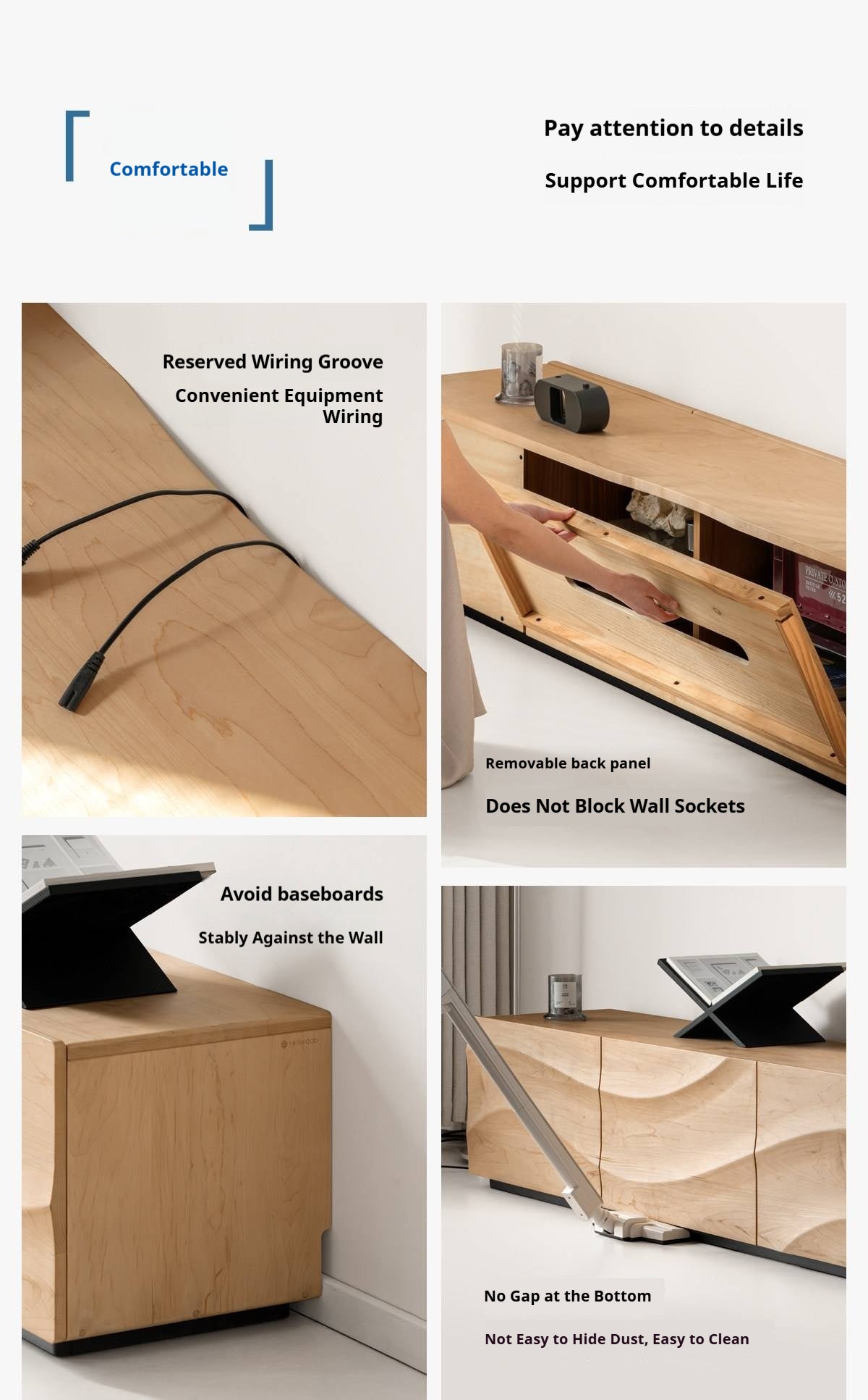 North American Hard Maple Solid Wood TV Cabinet with Modern Minimalist Design and Large Capacity