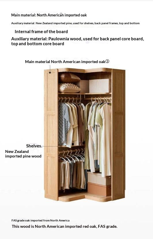 Oak Solid Wood Corner Wardrobe with Removable and Washable Fabric Curtain