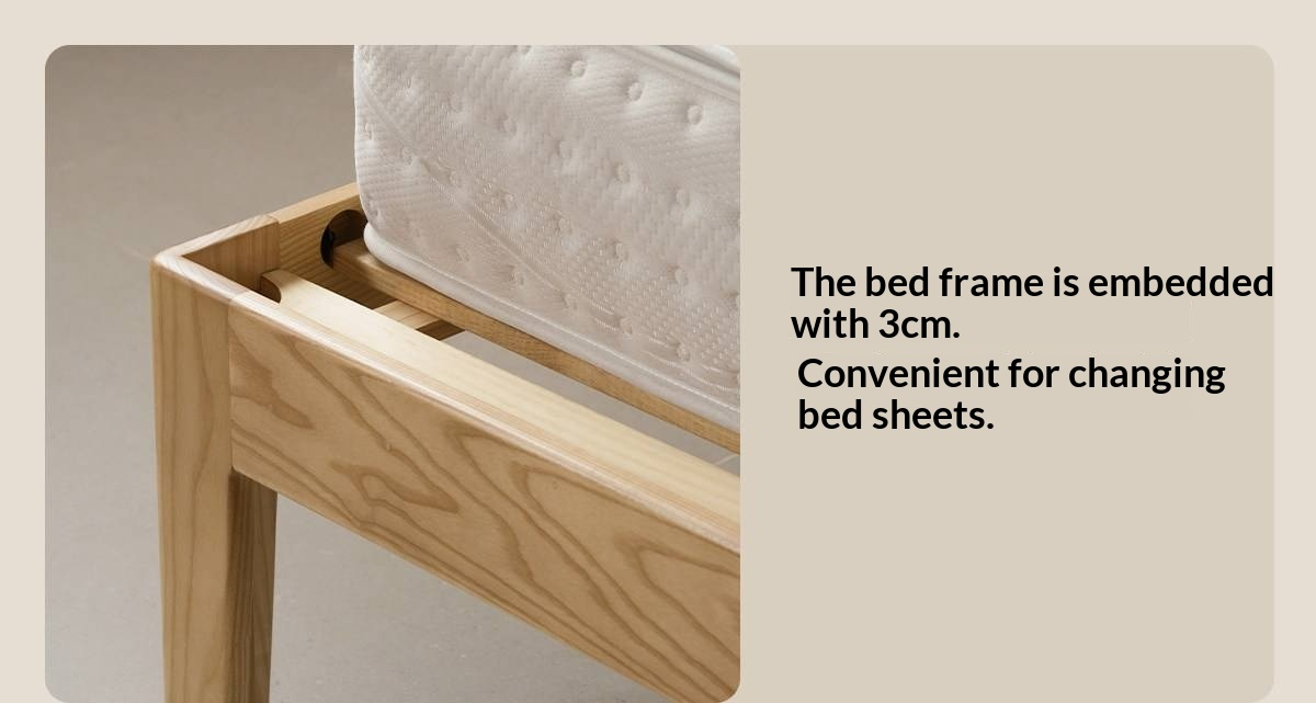 Ash Solid Wood Modern Minimalist Bed with Grooved Headboard and High Under-Bed Clearance