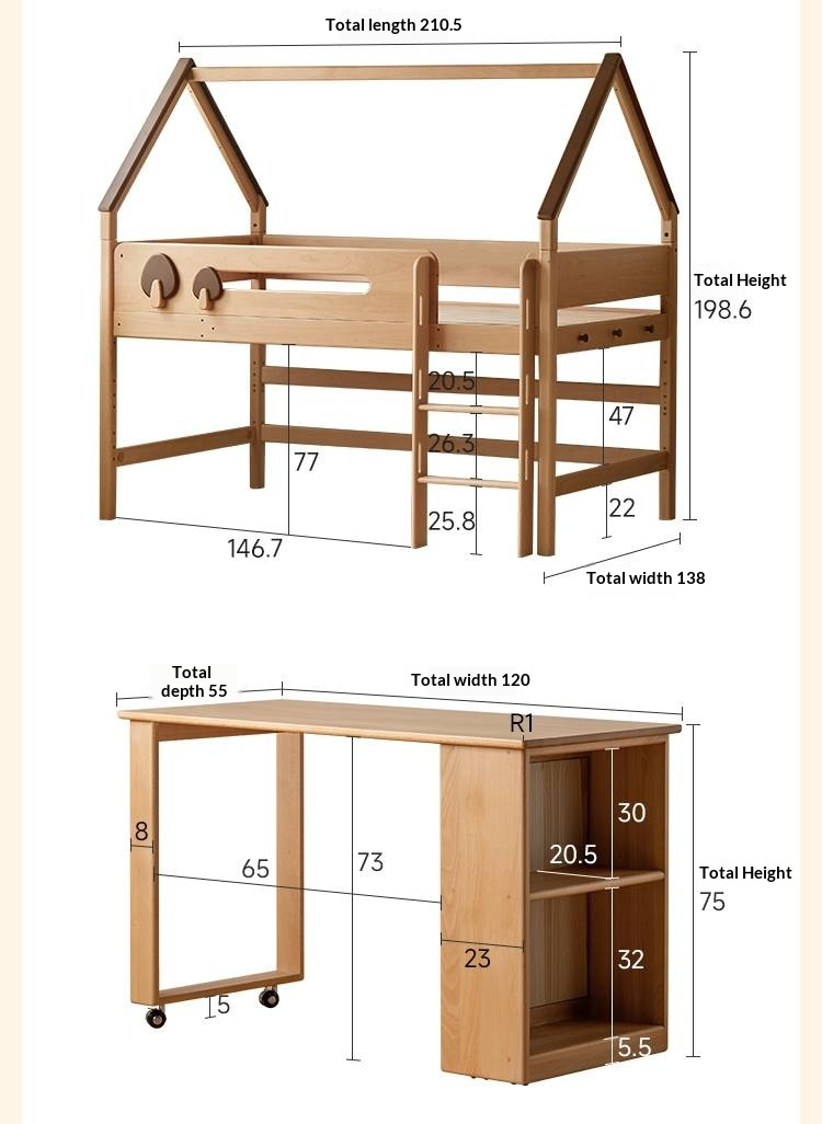 Beech Solid Wood Children's Loft Bed with Table Under Bed