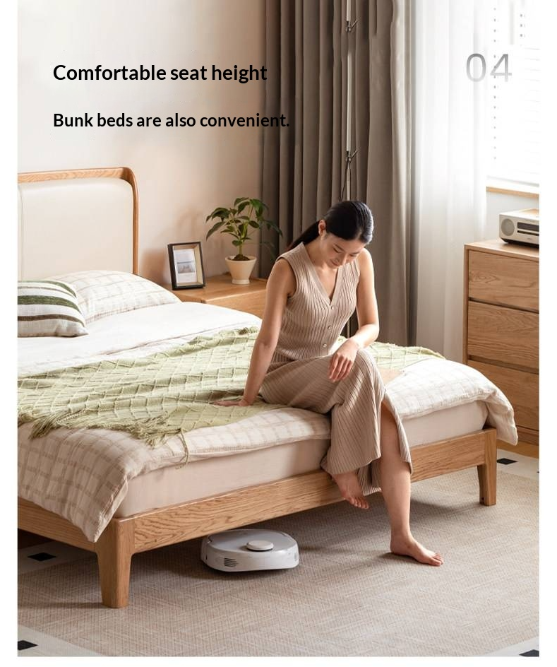 Oak Solid Wood Bed — Modern Minimalist, Genuine Leather Upholstered Bed