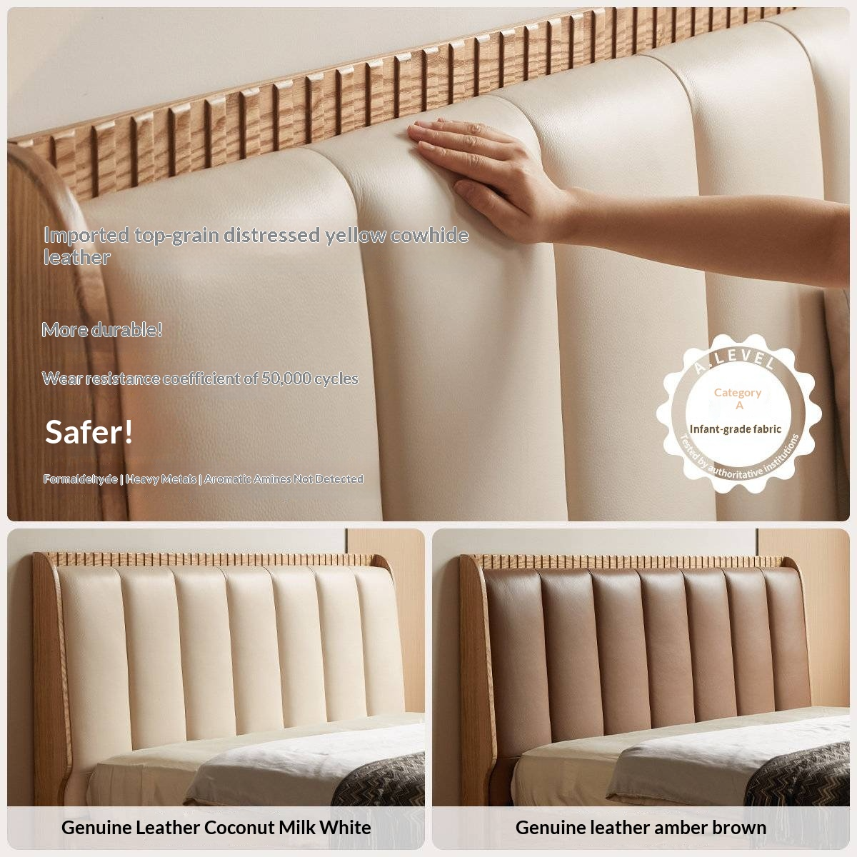 Ash Solid Wood Bed with Genuine Leather Upholstered Headboard