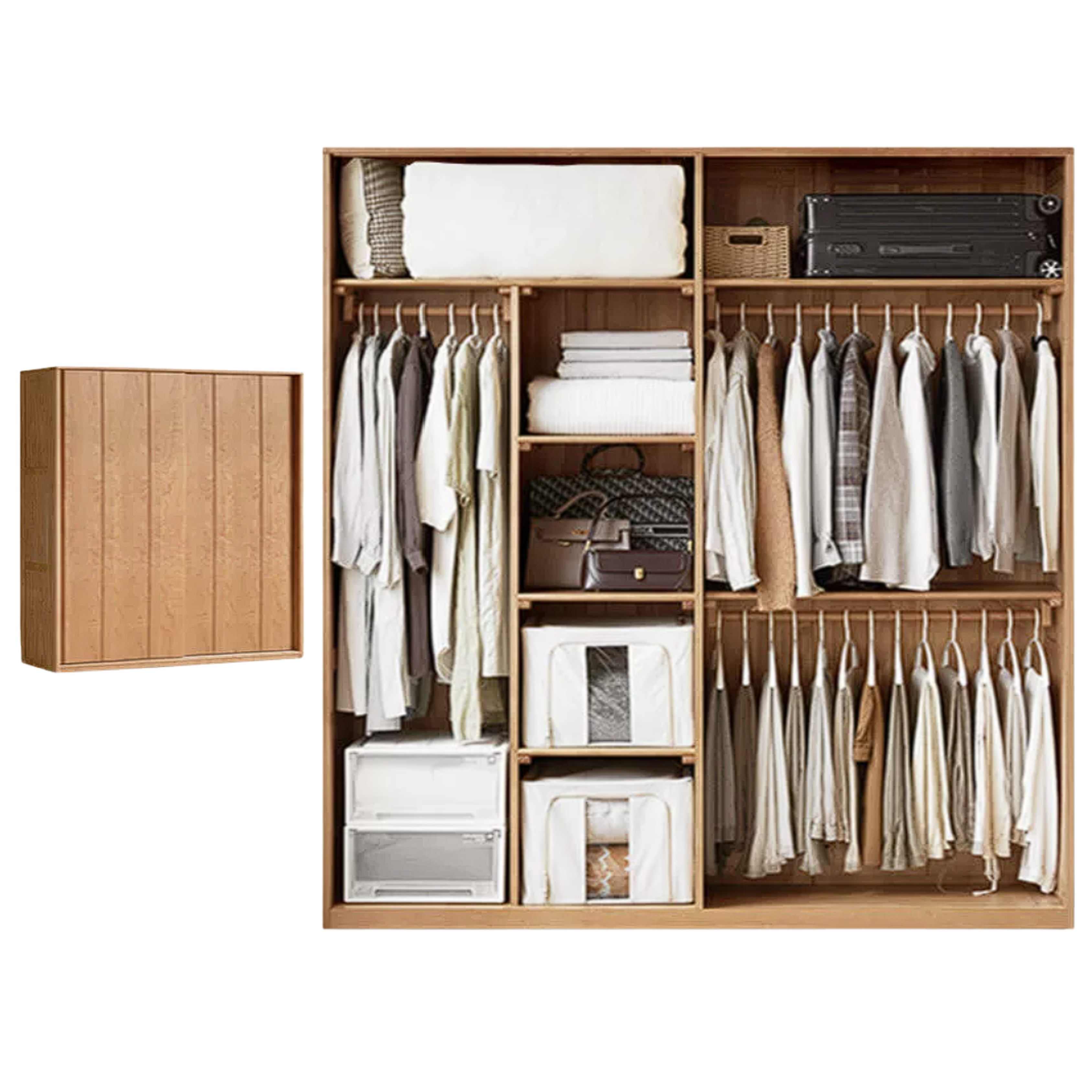 Cherry Wood Sliding Door Wardrobe Armoire with Hanging Rod and Shelves