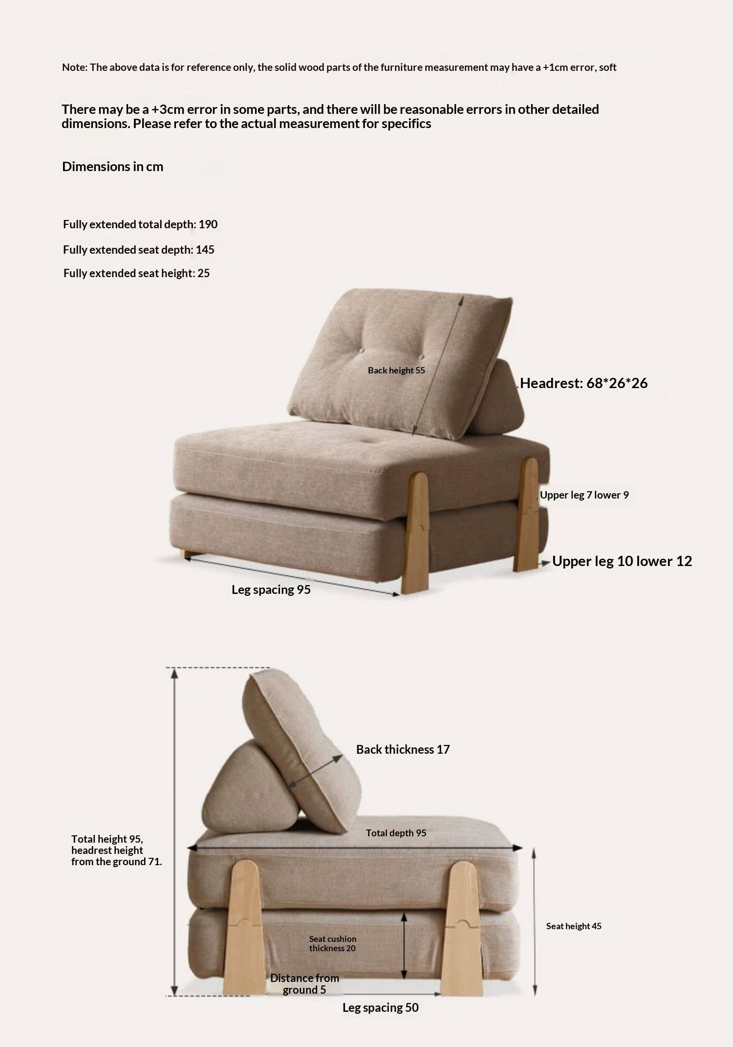Armless Folding Sofa Bed with Wood Legs