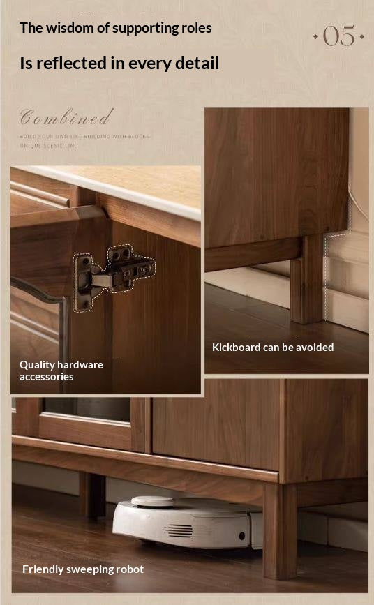 Black Walnut Solid Wood Buffet Cabinet with Retro Style and Rock Board Surface