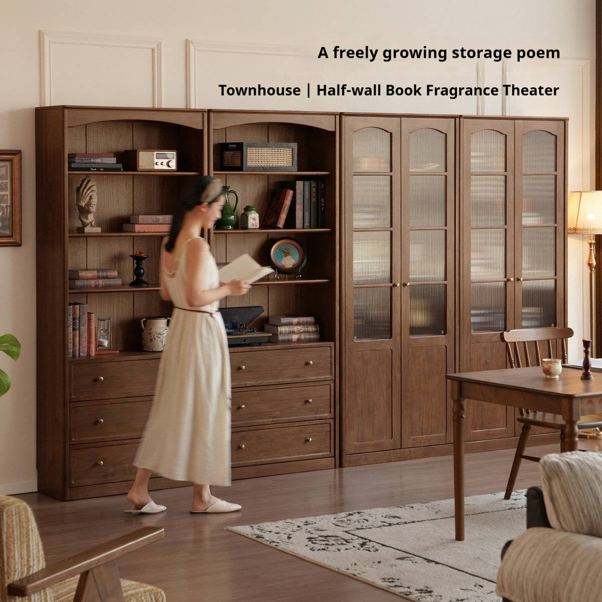 Black Walnut Solid Wood Bookshelf and Display Cabinet with Vintage French Profile