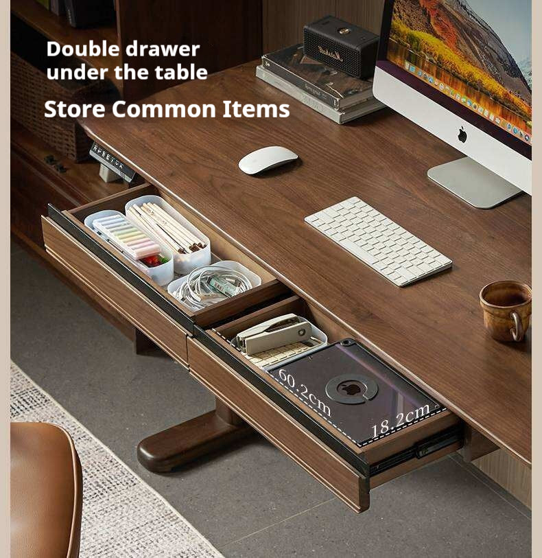 Black Walnut, White Ash Solid Wood Electric Height-Adjustable Standing Desk with Storage Drawers