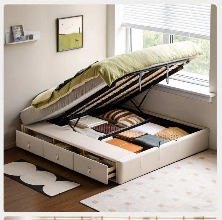 Upholstered Storage Platform Bed, Modern Minimalist White Eco Leather Tatami Bed with Box Storage